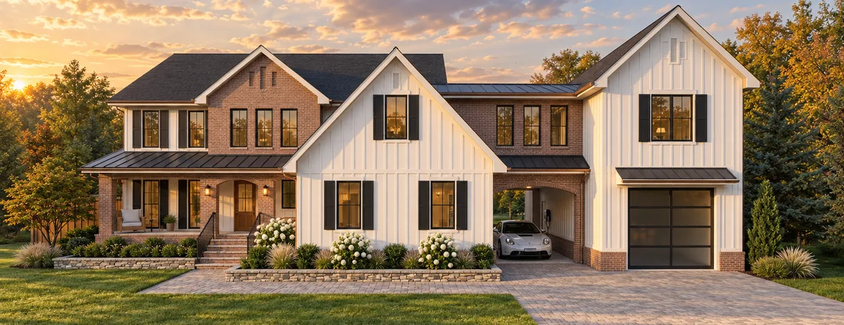 A two storey farmhouse with brick wings and board and batten gables at sunset